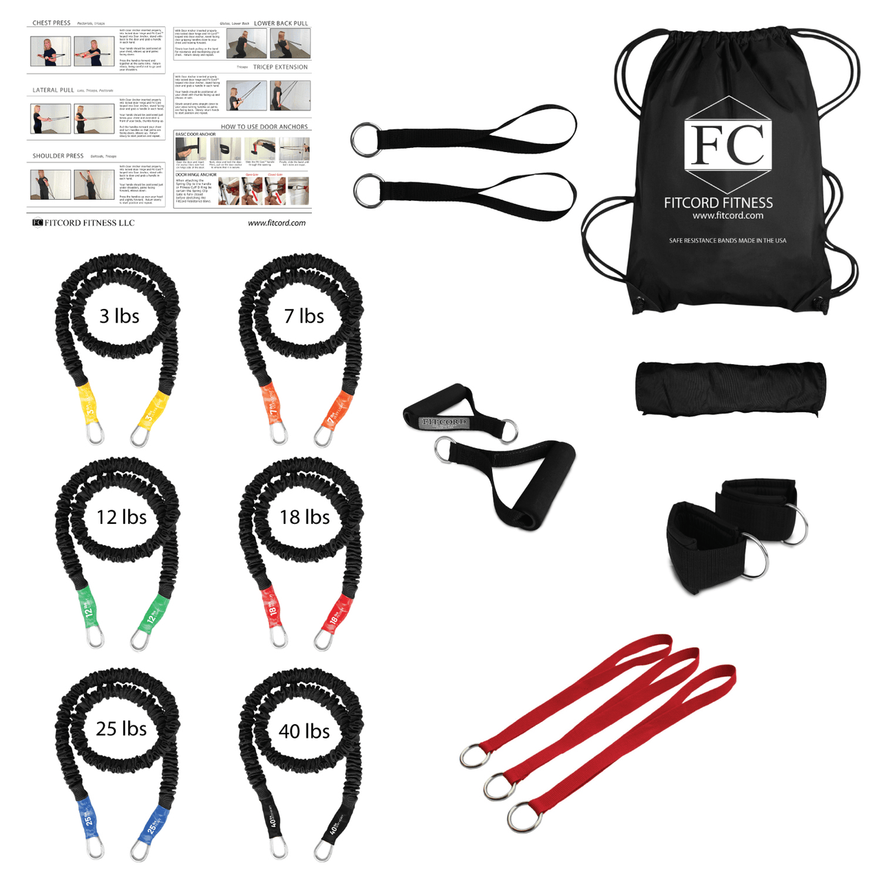 Resistance band load kit American Made Stackable bungee style resistance bands with clips for fitness bar, handles, foot straps and cuffs